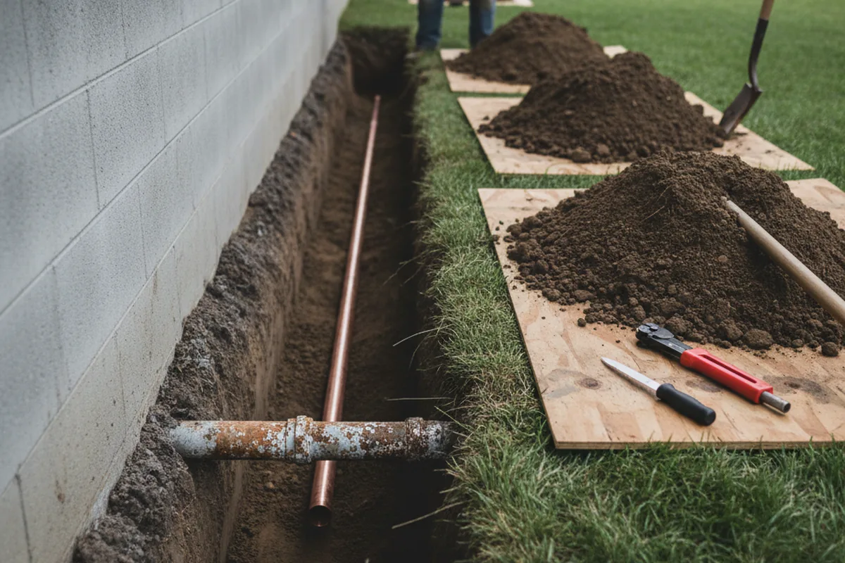 Excavated water line trench during Water Softener Installation in West Winfield